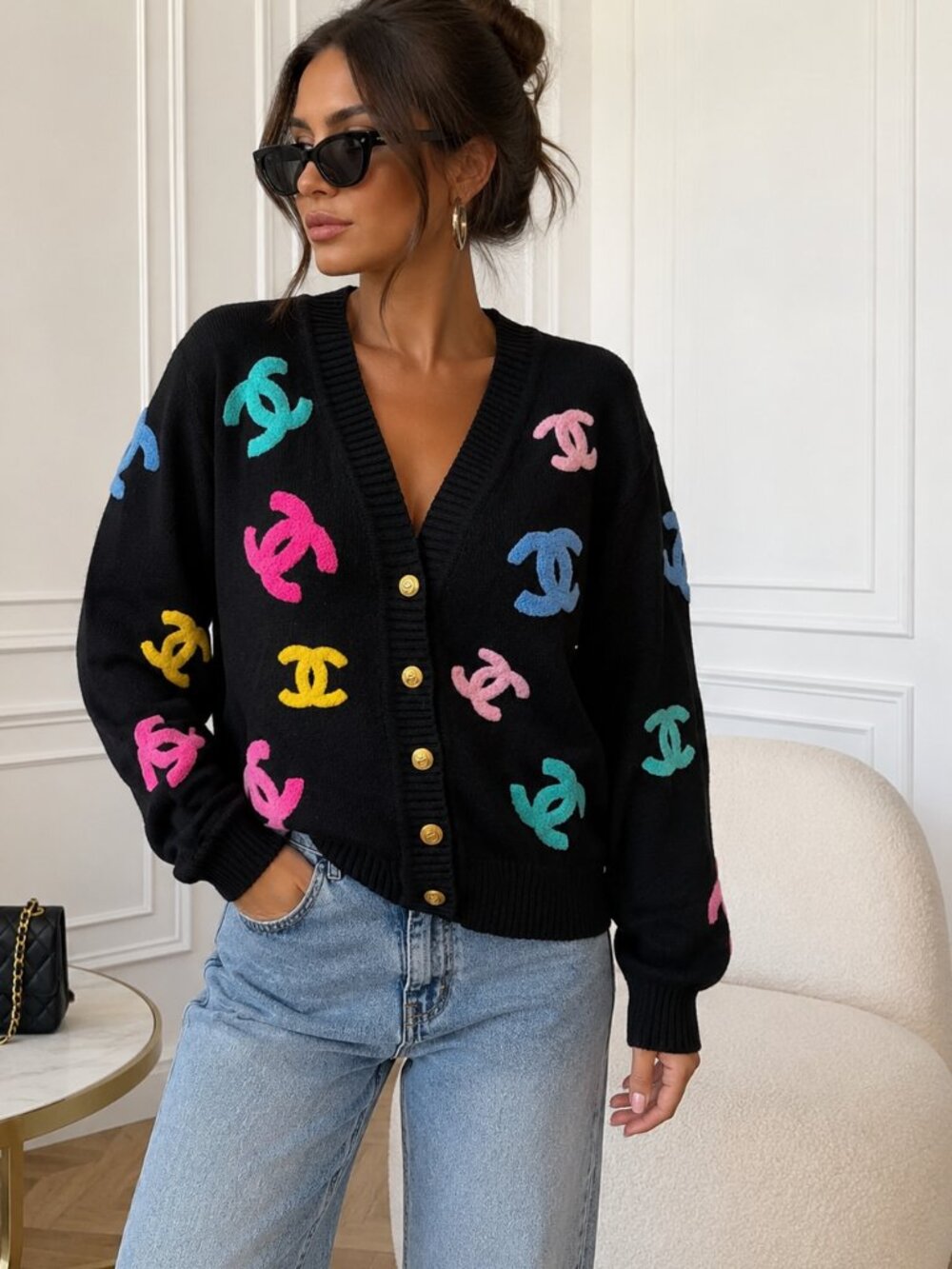 Black Multicolor Logo Embroidered Cardigan Gold Buttons Oversized Knit Sweater